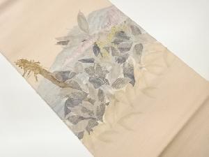 手織り紬木々に葉模様織出し袋帯